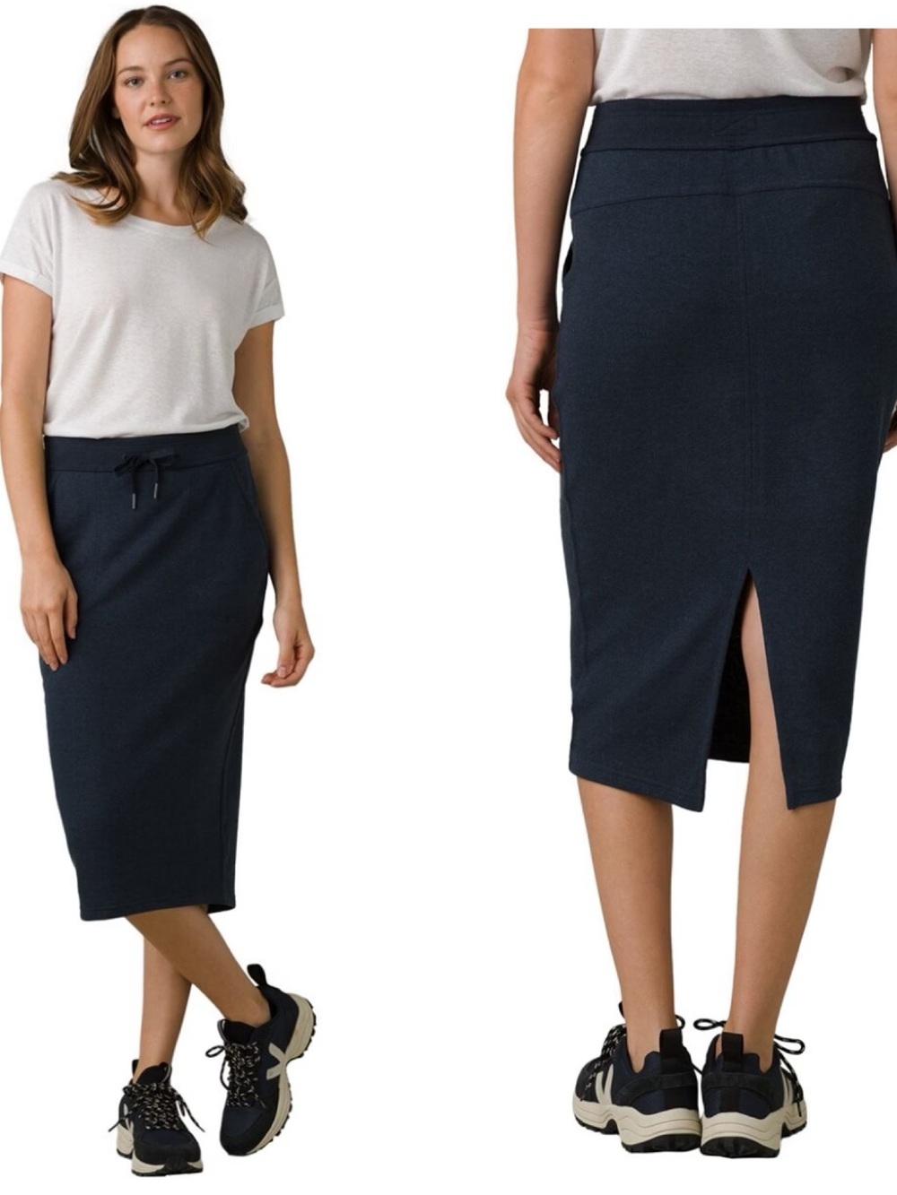 ✨prAna Cozy Up Navy Midi Drawstring Everyday Pencil Skirt  Back Slit SZ L✨